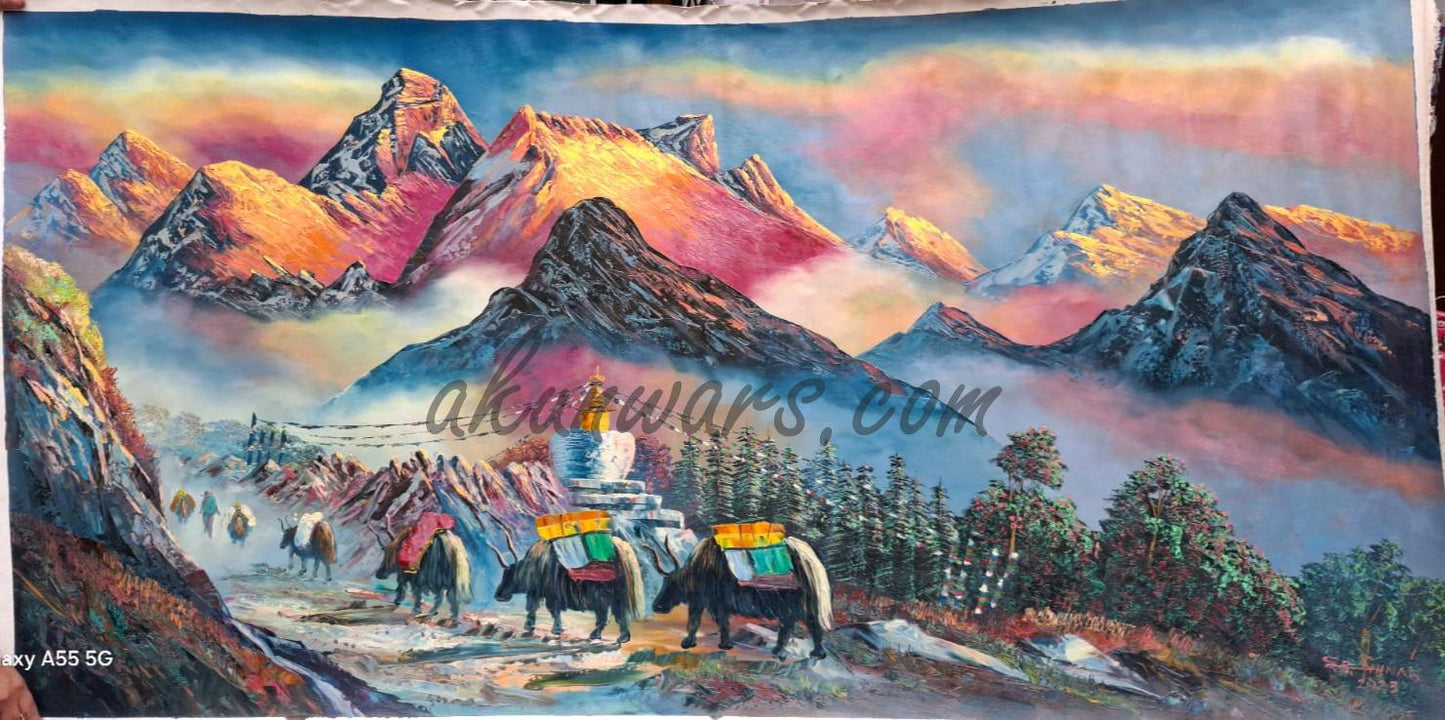 Arcylic /Oil Painting 3FT by 5FT of The Himalayan, Majestic Mountains, Yaks on Painting